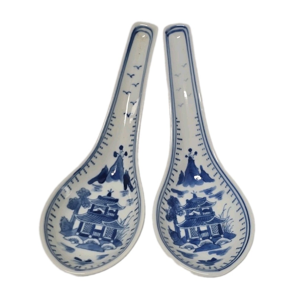 Vintage Classic Qinghua Set Of 2 Hand painted Japanese Soup Or Rice Spoons